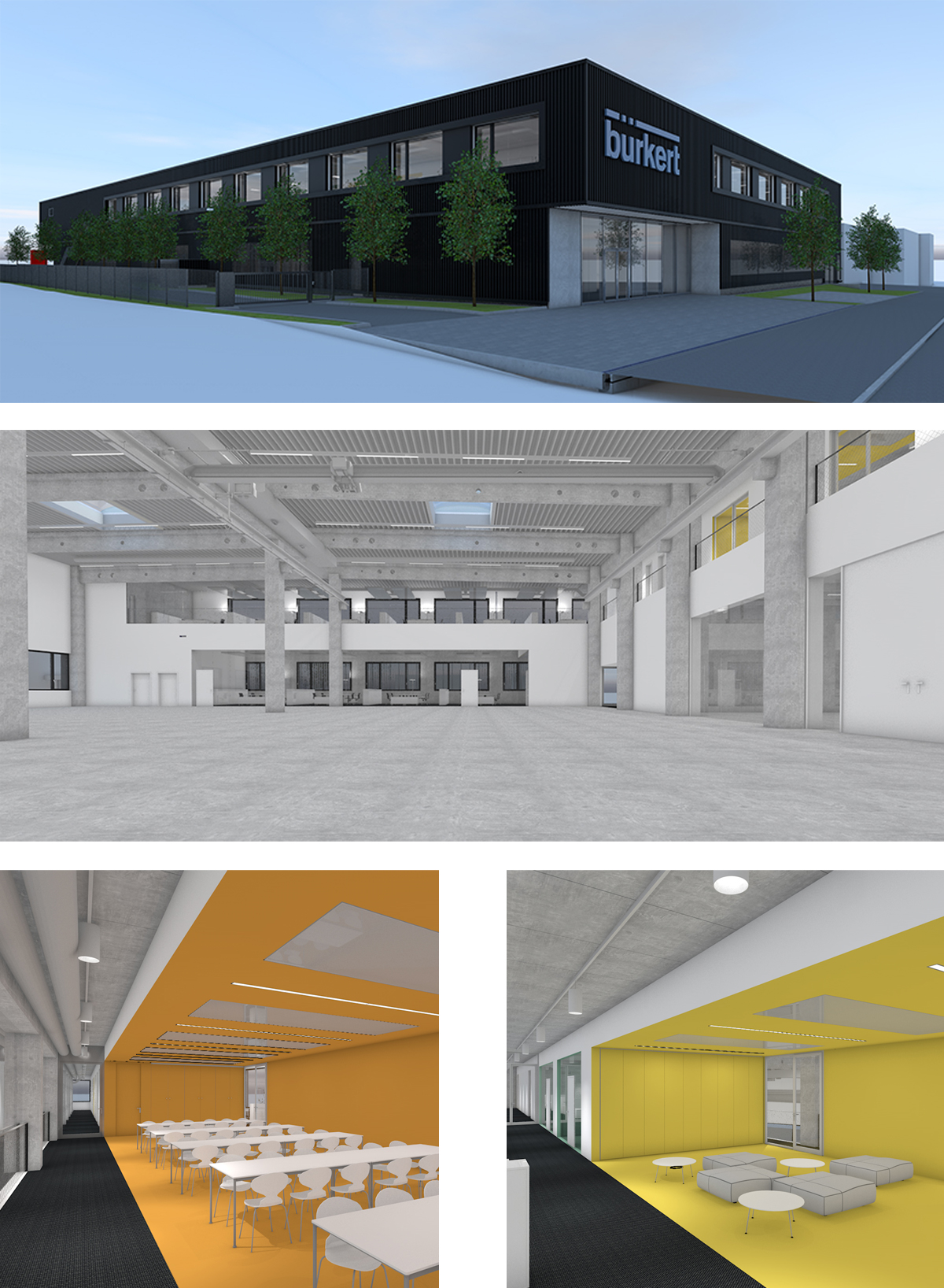 Außenperspektive, Material- und Farbkonzept für das Projekt Systemhaus Bürkert